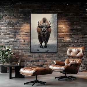 American Bison or Buffalo in Snow Vertical Wall Art, Buffalo Painting Extra Large Canvas PRINT, Man Cave Decor, Framed Ready To Hang