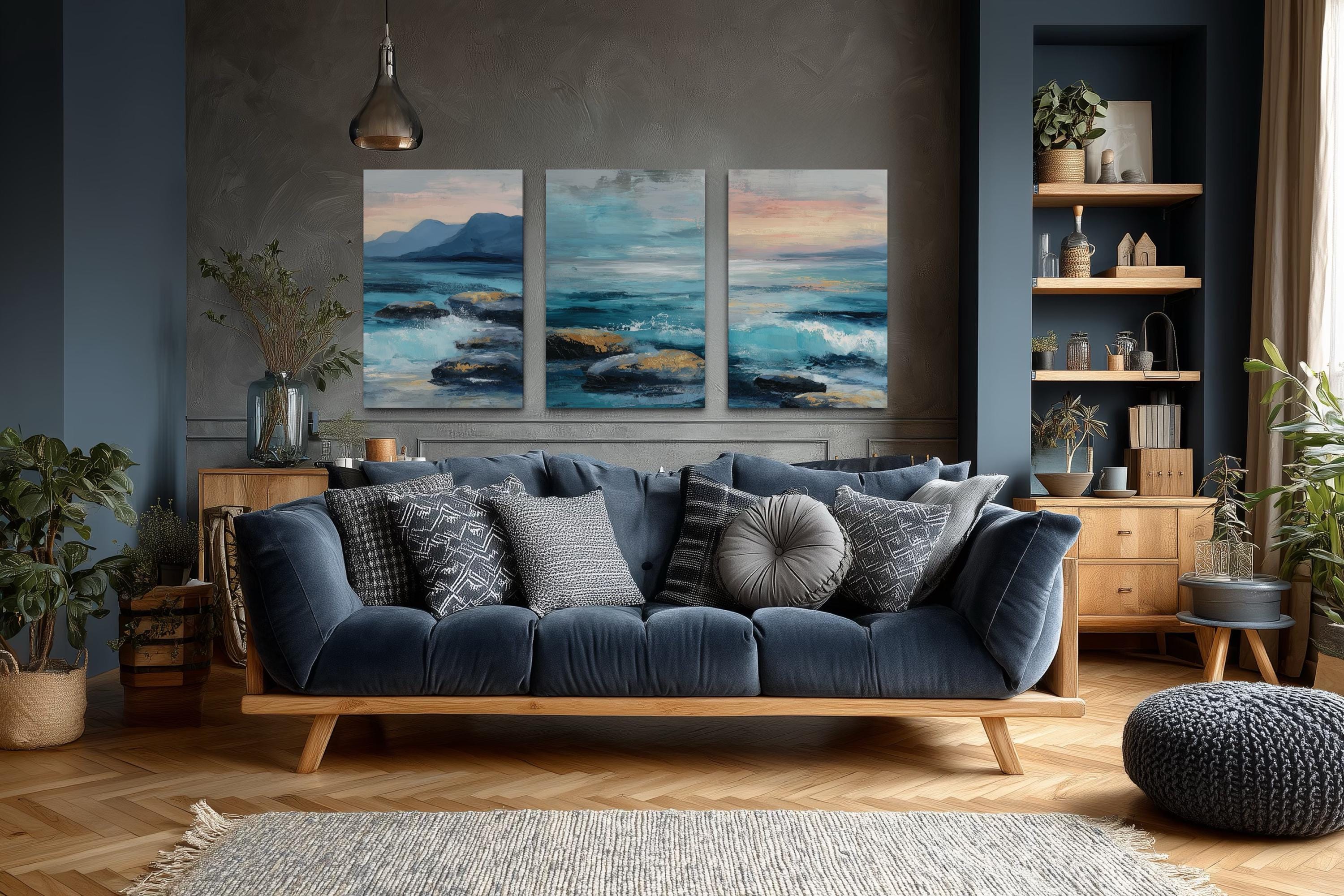 Coastal Ocean Set of 3 Canvas Wall Art – Blue Teal Seascape Waves ...