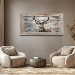 Deer Painting On Wood Canvas Print Extra Large Farmhouse Wall Art,  Elk Rustic Chic Wall Art, Cabin Decor Framed, Unframed, Ready To Hang