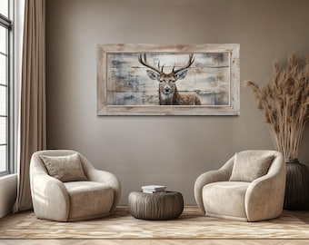 Deer Painting On Wood Canvas Print Extra Large Farmhouse Wall Art,  Elk Rustic Chic Wall Art, Cabin Decor Framed, Unframed, Ready To Hang