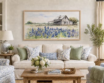 Old Farm Barn And Bluebonnets Field Rustic Painting Canvas PRINT, Farmhouse Wall Art, Vintage Wall Decor Framed Unframed Ready To Hang