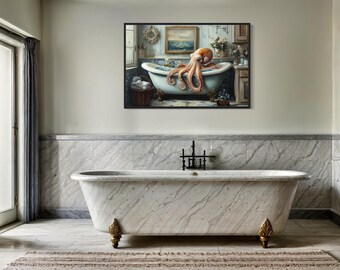 Octopus in a Bathtub Painting Canvas Print, Animals In Bathtub Wall Art, Bathroom Wall Decor -  Framed Ready To Hang