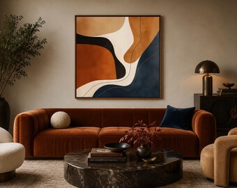 Puede incluir: Una pieza de arte mural cuadrada y enmarcada que presenta una composición abstracta de formas fluidas y orgánicas en tonos naranja quemado, azul marino profundo, crema y negro, con finas líneas negras curvas sobre el lienzo.