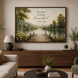 He Makes All Things Beautiful in His Time Ecclesiastes 3:11 — Scripture Christian Wall Art with Lake and Dock Canvas Print