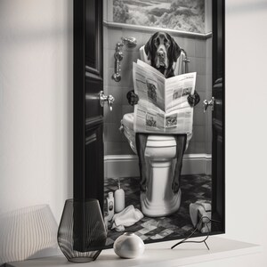 Labrador Retriever Dog on the Toilet Reading Newspaper, Funny Bathroom ...