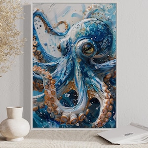 Octopus Wall Art, Blue Marine Animal Painting Canvas PRINT, Bathroom Wall Decor, Coastal Wall Art Framed Ready To Hang