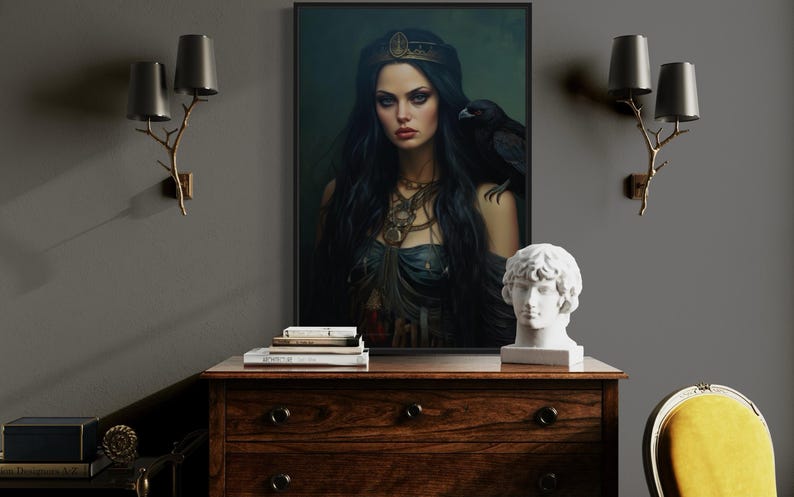 a large portrait of a woman with long dark hair and a crown, displayed on a wooden dresser. The dresser also has a statue of a man's head and a stack of books on top. The room has a gray wall, a lamp, and a chair.