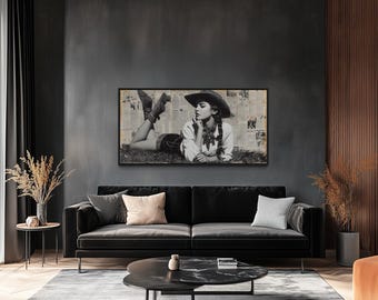 Cowgirl Wall Art, Black And White Western Girl On Newspaper Collage Canvas, Vintage Country Decor Framed Ready To Hang