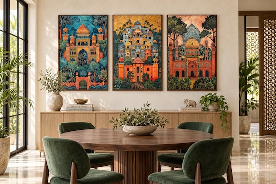 Set Of Three Indian Wall Art, Madhubani Painting Style Mughal Architecture, Indian Temples Living Room Decor, Framed Ready To Hang