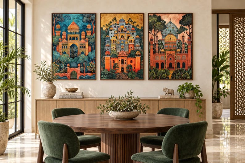 May include: Three framed rectangular wall art prints featuring detailed illustrations of ornate palaces with domes and arches, set against lush green trees and foliage, displayed in a row above a wooden sideboard in a dining room.