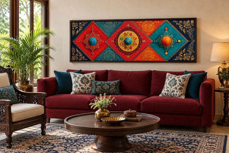 Puede incluir: Una pieza de arte mural rectangular con tres paneles en forma de diamante en colores vibrantes rojo, naranja y turquesa. Cada panel contiene una protuberancia circular central con intrincados patrones de filigrana dorada y motivos florales.