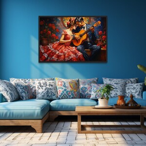 a cozy living room with a blue sofa, a wooden coffee table, and a large window that allows natural light to fill the space. Above the sofa, there is a framed painting depicting a couple playing a guitar and singing, surrounded by a vibrant floral arrangement.