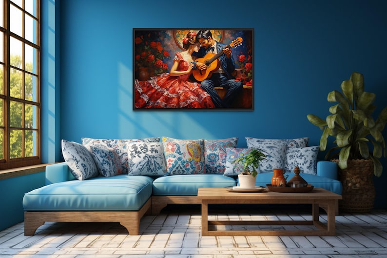 a cozy living room with a blue sofa, a wooden coffee table, and a large window that allows natural light to fill the space. Above the sofa, there is a framed painting depicting a couple playing a guitar and singing, surrounded by a vibrant floral arrangement.