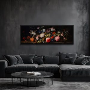 Dark Academia Flowers Panoramic Painting Print On Long Horizontal Canvas, Moody Floral Wall Decor Framed Unframed Ready To Hang