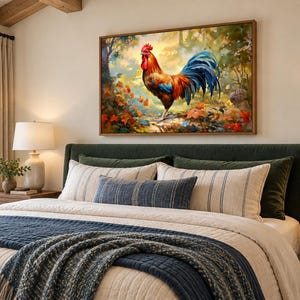 May include: A rectangular wall art print featuring a vibrant rooster with red, orange, and blue feathers standing in a lush, colorful forest setting with autumn leaves, soft golden light, and a detailed natural landscape background.