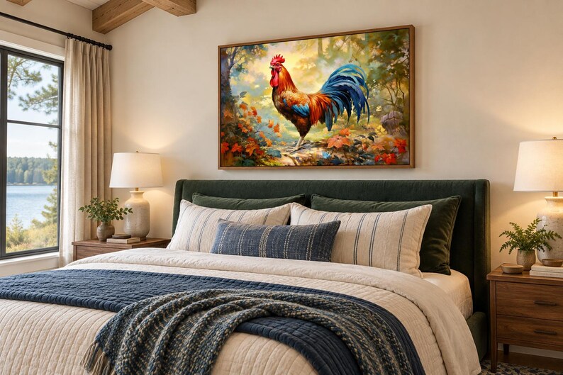 May include: A rectangular wall art print featuring a vibrant rooster with red, orange, and blue feathers standing in a lush, colorful forest setting with autumn leaves, soft golden light, and a detailed natural landscape background.