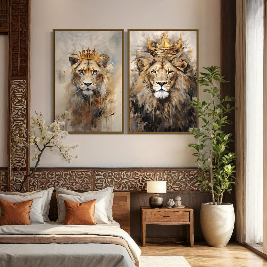 Lion and Lioness Wall Art, Set of 2 King Queen With Crowns Gold Beige ...