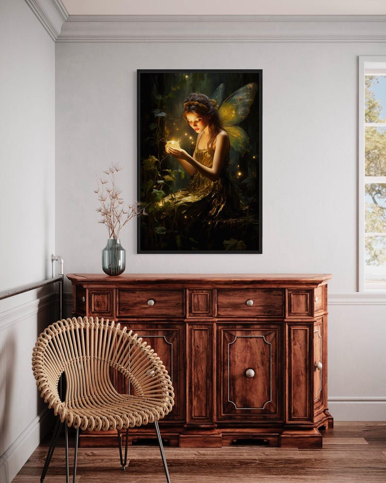 a fairy with wings, sitting in a room with a wooden cabinet and a woven chair.