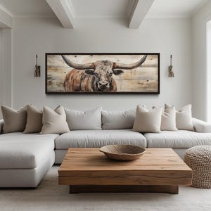 Texas Longhorn Painted On Wood Canvas Print - Rustic Cabin, Farmhouse Wall Art, Long Horizontal Decor - With or Without Frame Ready To Hang