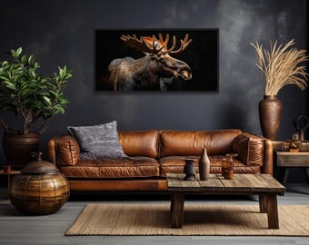 Lodge Decor Dark Moose On Black Background Extra Large Wall Art - Cabin Decor - Realistic Moose Photo Style Painting Framed Ready To Hang