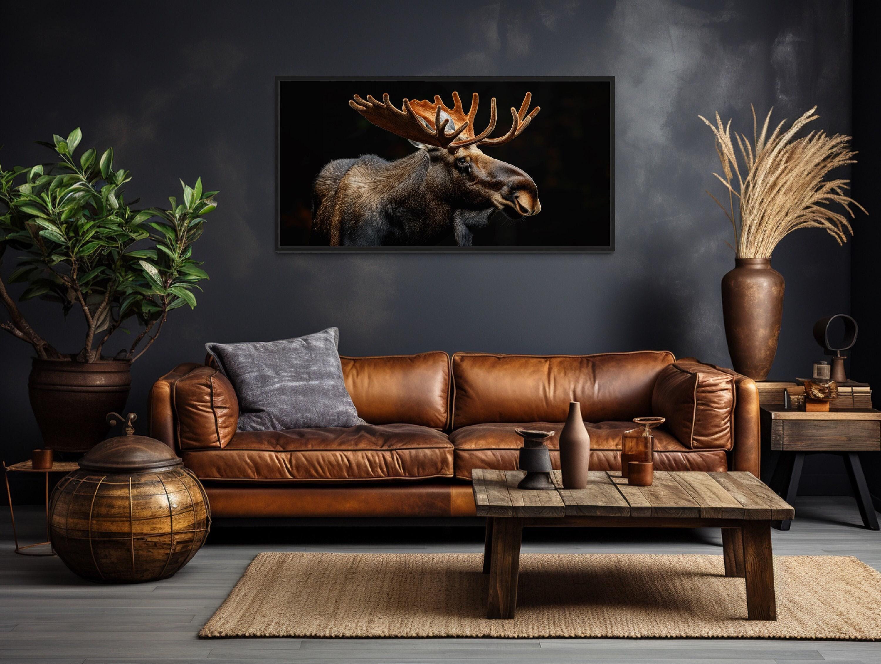 Lodge Decor Dark Moose on Black Background Extra Large Wall Art