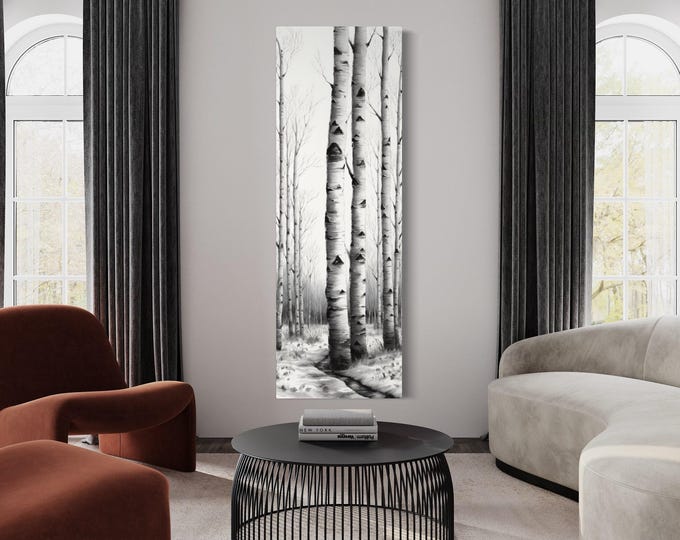 Tall Thin Birch Tree Wall Art, Long Vertical Nature Canvas Print for ...