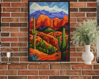 Colorful Desert And Saguaro Cactus Painting, Arizona Desert Vertical Canvas Print - Southwestern Wall Art Framed Unframed Ready To Hang