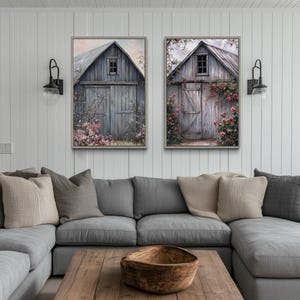 Farmhouse Wall Art, Two Old Rustic Grey Barn Doors Painting Canvas PRINT, Rustic Wall Decor Ready To Hang
