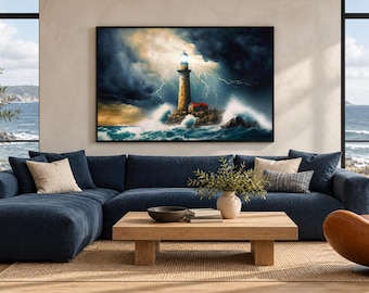May include: A rectangular wall art print featuring a lighthouse standing on a rocky island amidst a turbulent ocean. The scene depicts a dramatic storm with dark clouds, bright lightning strikes, and crashing waves surrounding the structure.