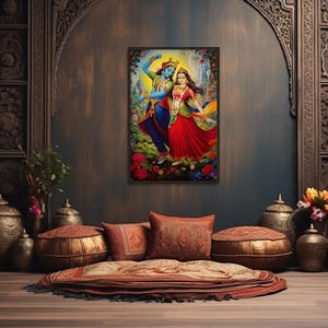 Lord Krishna And Radha Dancing Colorful Painting Canvas PRINT, Indian Wall Art, Indian Wedding Gift Framed  Ready To Hang