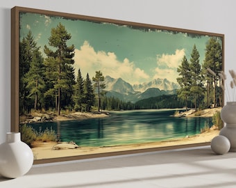 Lake Wall Art, Lake, Mountains And Pine Forest Nature Vintage Style Painting Canvas PRINT, Lake House Wall Art Framed Ready To Hang
