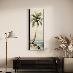 Tall Narrow Vertical Palm Tree On The Beach Wall Art, Retro Tropical Painting Canvas PRINT, Coastal Long Vertical Artwork Ready To Hang