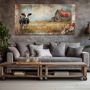 Old Red Barn And Cows On The Farm Painting Canvas PRINT, Farmhouse Wall Art Rustic Chic Wall Decor Framed Ready To Hang