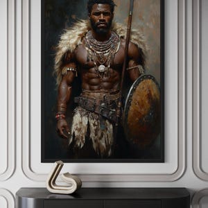 African Tribal Warrior Wall Art – Powerful Warrior Canvas Print With Shield and Spear, Masculine Statement Artwork for Man Cave Décor imagen 8