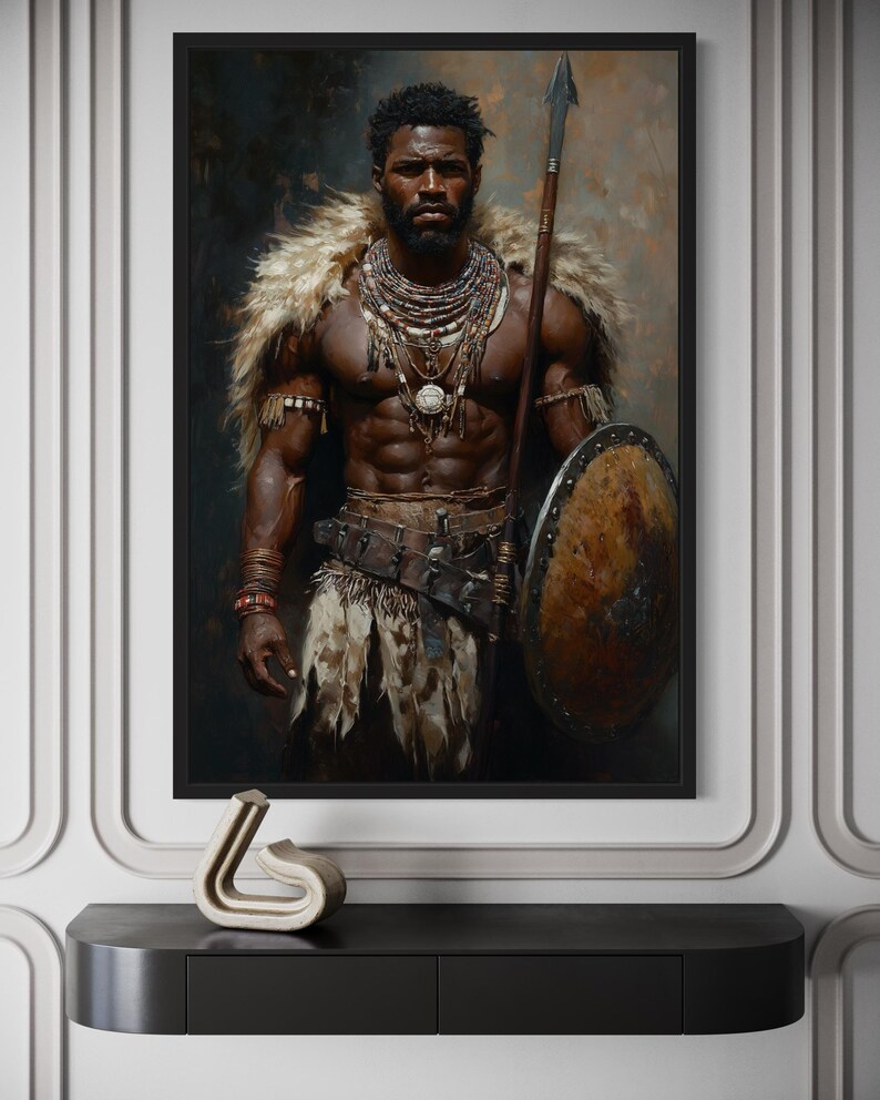 African Tribal Warrior Wall Art – Powerful Warrior Canvas Print With Shield and Spear, Masculine Statement Artwork for Man Cave Décor imagen 8