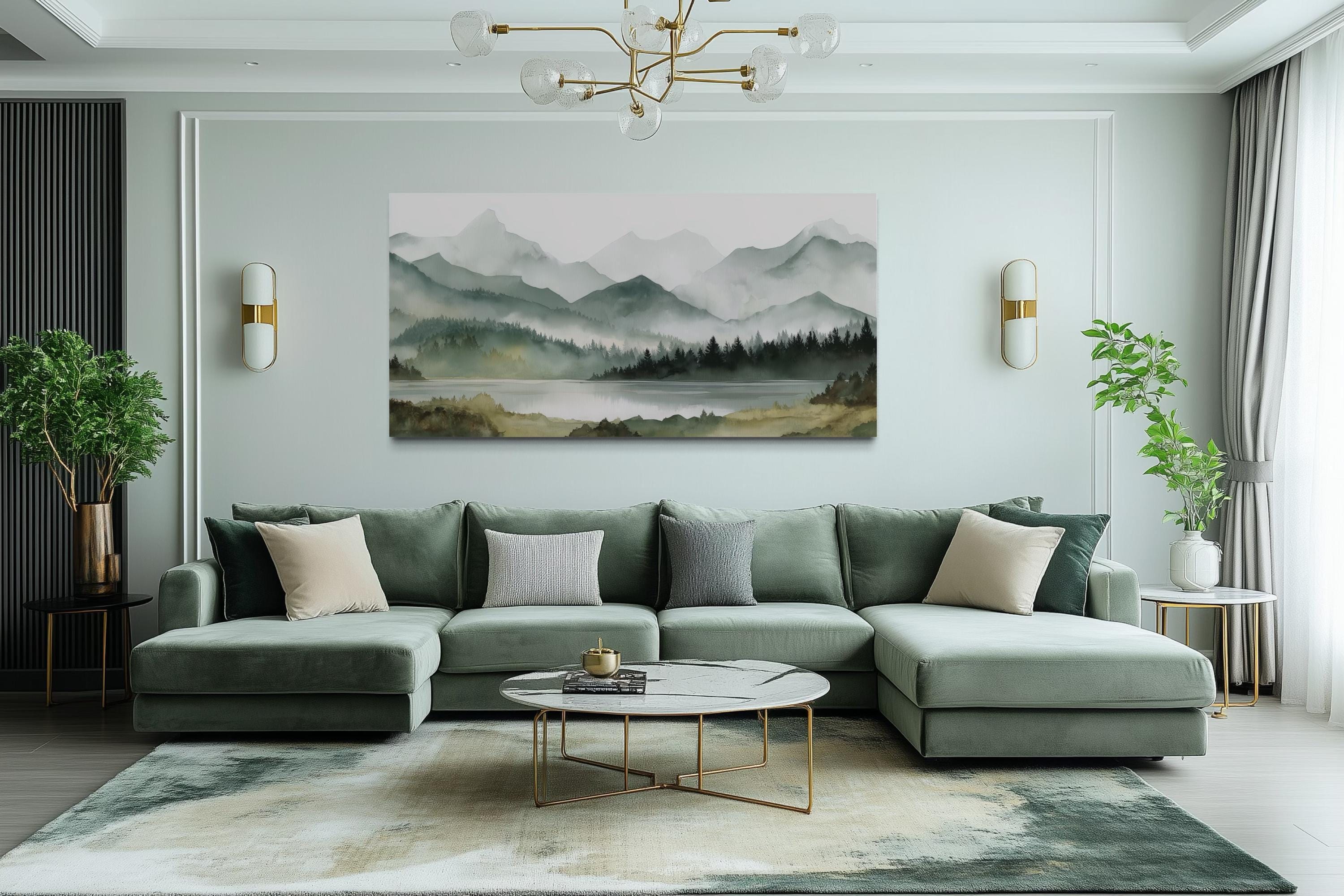 Sage Green Mountain Landscape Wall Art – Soft Watercolor Lake Painting ...