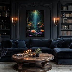 a cozy and elegant living room with dark wood paneling, a large blue sectional sofa, a wooden coffee table, and a painting of a lush forest scene above the sofa.