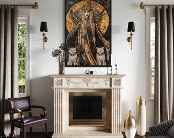 Freya Norse Goddess With Her Cats Wall Art, - Lady  Freya Mosaic Painting Canvas Print Framed Or Unframed Ready To Hang