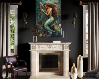 Mermaid Playing Harp Wall Art - Mermaid In Coral Reef Ocean Painting Canvas PRINT, Girls Room Decor, Bathroom Wall Art Ready To Hang