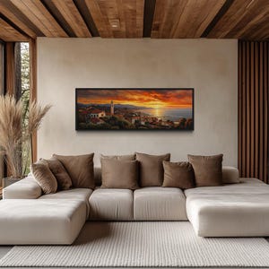 Santa Barbara At Sunrise Retro Painting - Panoramic Canvas Print Wall Art - Santa Barbara Poster - Framed/Unframed Ready To Hang