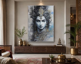 Lord Krishna Wall Art,  Indian Deity Blue Abstract Painting Extra Large Canvas PRINT, Indian Wall Art Framed Or Unframed Ready To Hang