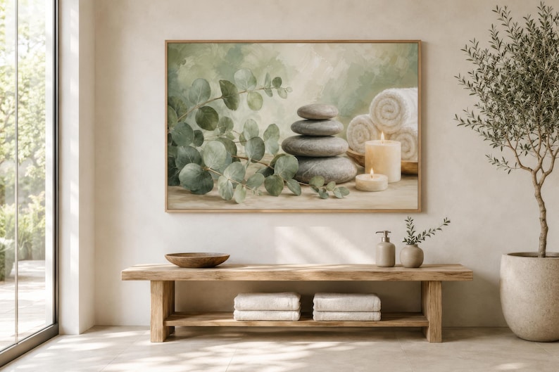 May include: A rectangular wall art print featuring a stack of smooth grey stones, green eucalyptus branches, rolled white towels, and two lit cream-coloured candles against a soft, muted green and beige watercolour-style background.