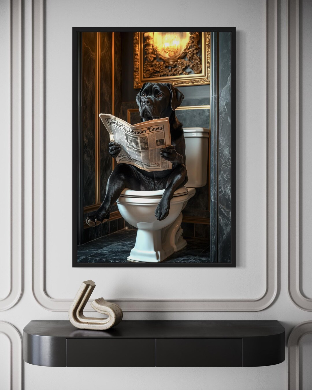 Black Labrador Retriever on the Toilet Reading Newspaper, Funny ...