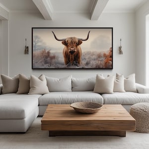 Highland Cow Sepia Photograph Extra Large Farmhouse Wall Art - Highland Cow Painting Printed On Canvas Framed Unframed Ready To Hang