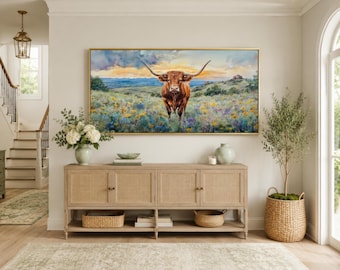 Texas Longhorn Cow In Wildflowers Field Extra Large Wall Art, Farmhouse, Living Room Art Oil Painting Printed On Canvas Framed Ready To Hang
