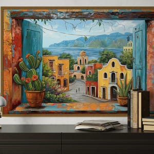 Mexican Village Window View Painting Canvas Print, Colorful Mexican Street Wall Art, Framed Ready To Hang