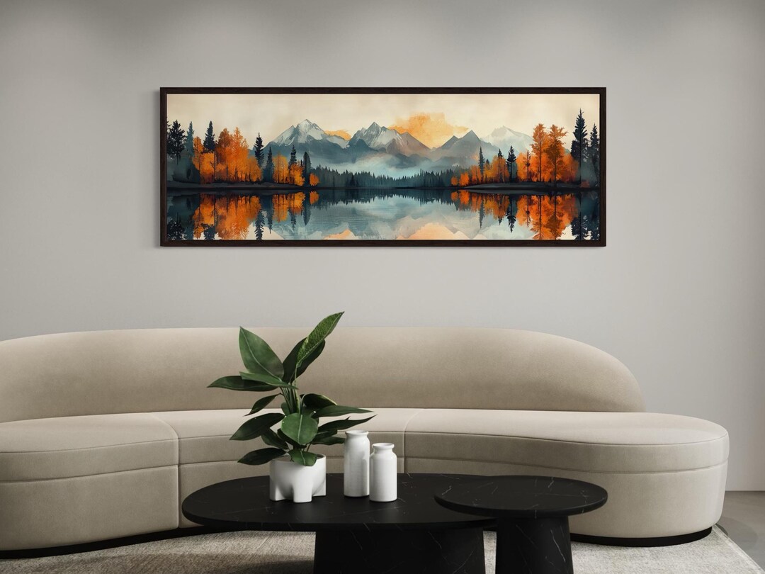Mid Century Modern Lake Landscape Wall Art – Long Horizontal Mountain ...