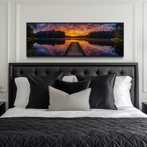 Lake House Wall Art, Lake Landscape With Dock Fishing Pier Sunset Panoramic Painting Canvas Print Cabin Over Bed Decor Ready To Hang