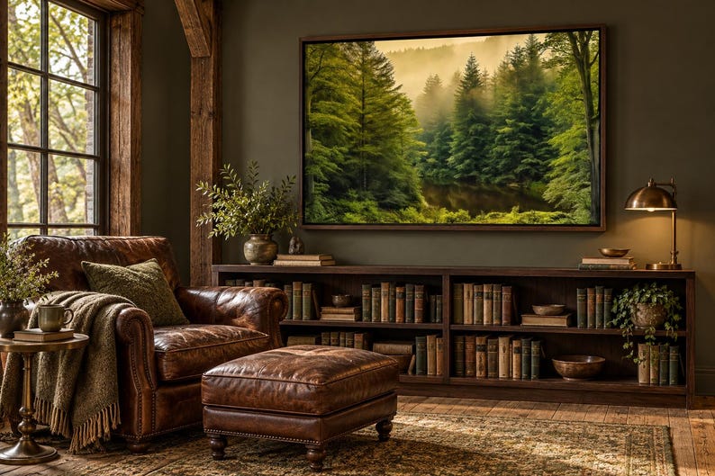 May include: A brown leather armchair with a matching ottoman, a dark wood bookshelf filled with books, and a large framed landscape painting of a misty green forest hanging on a dark olive wall next to a window and a brass desk lamp.