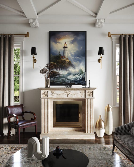 Lighthouse Painting Canvas PRINT, Dramatic Ocean Seascape Wall Art, Nautical Wall Decor Framed Unframed Ready To Hang